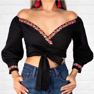 Herencia Clothing Black Top with Red Floral Embroidery